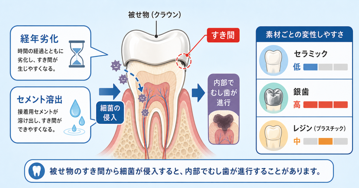 ■被せ物・詰め物の下でむし歯になる仕組み
