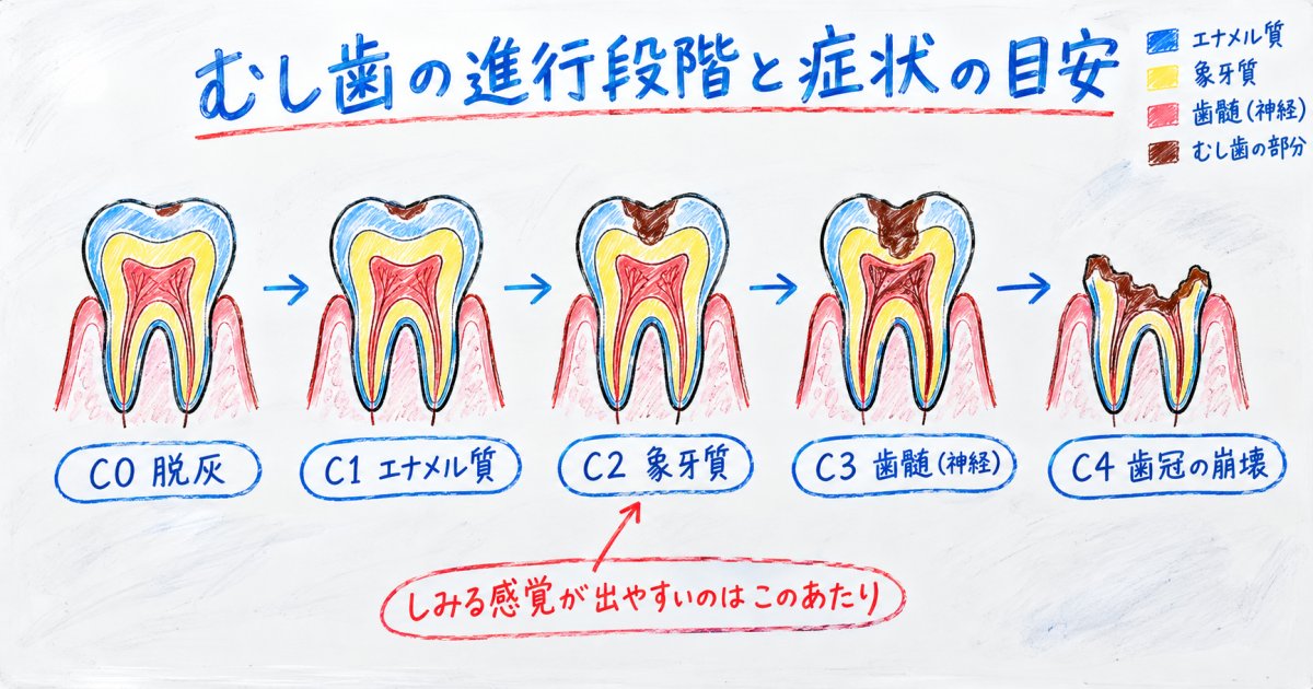 むし歯の進行段階（CO〜C4）と自覚症状の目安